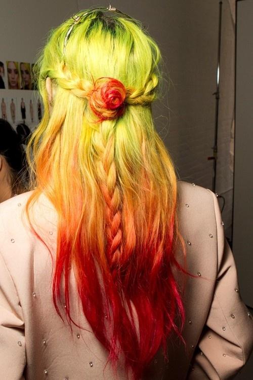 Neon fire hair with a braided rose twist.