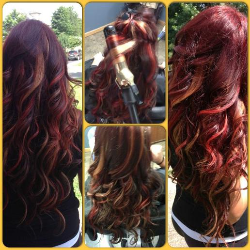 Fun with hair color! Red base with red and blonde peekaboo highlights!