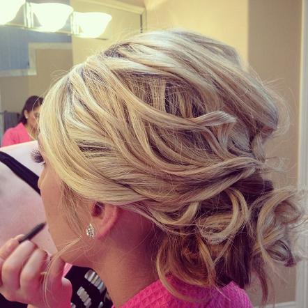 Messy hair bun curls updo bride bridesmaid