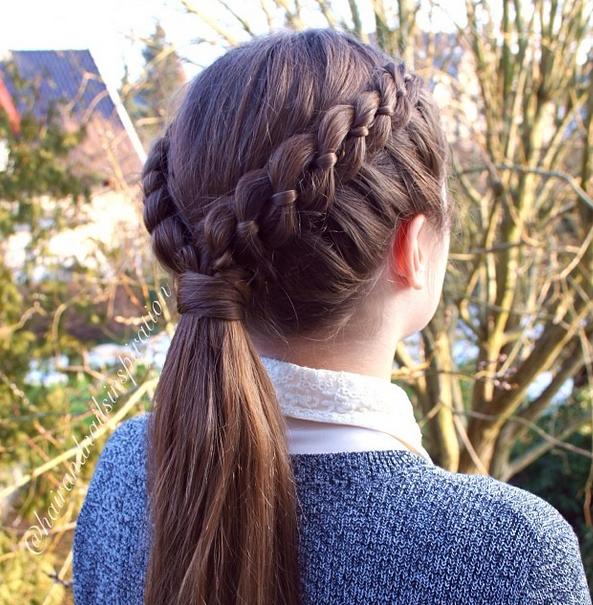 Dutch 4-strand lace braid into ponytail