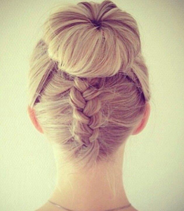 ballerina bun on top and with a braid in the lower bottom