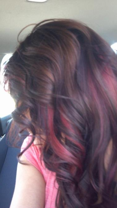 Brown hair with purple & red highlights