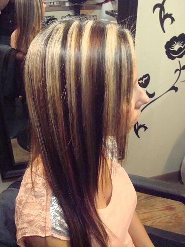 Chunky blond highlights with dark and caramel low lights