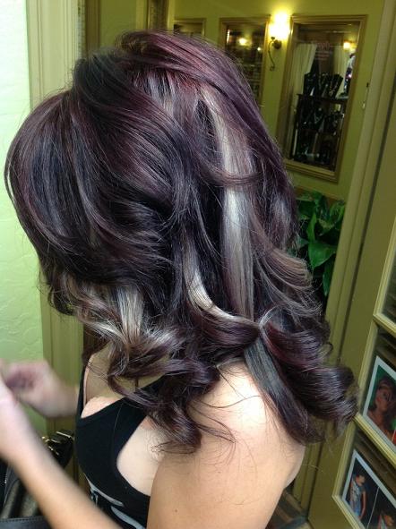 deep burgundy red with peek a boo blondes