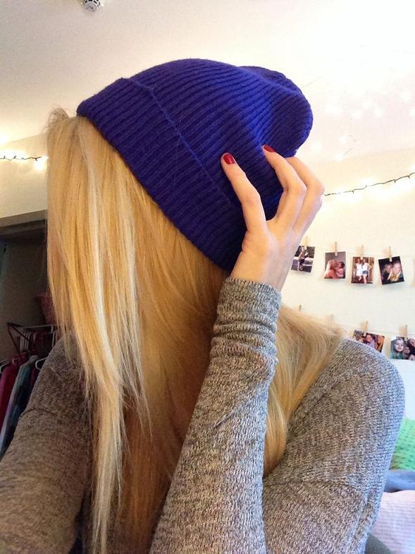 blonde hair purple hat