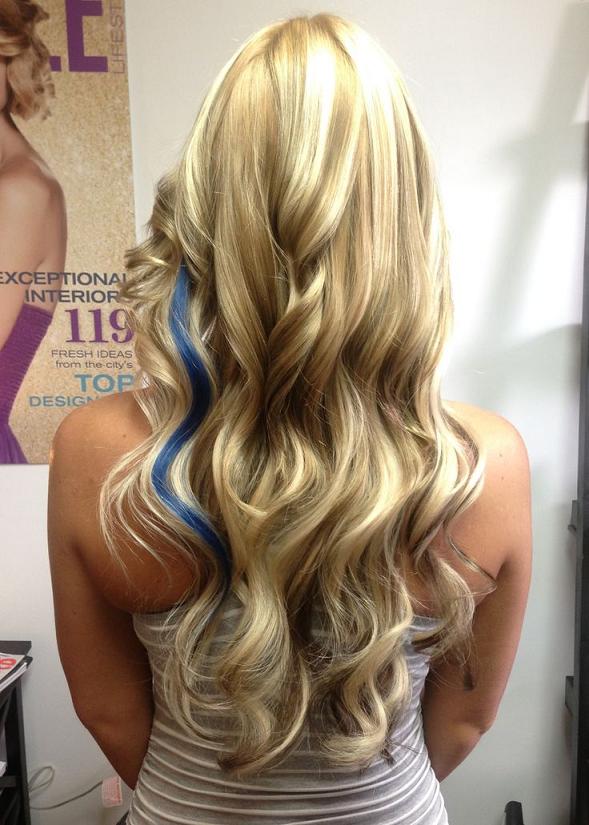 Long blonde hair with lowlights and a pop of color!