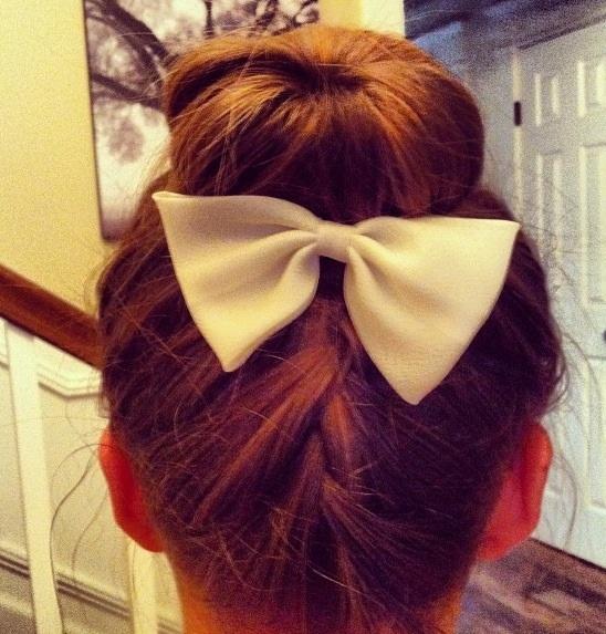 Upside down french braid and sock bun with bow