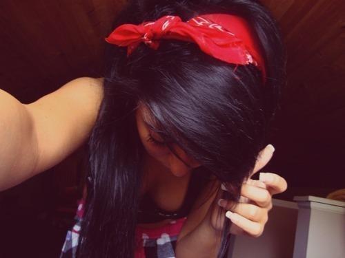 black hair with red bandana