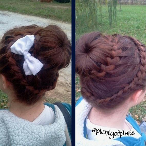 Lace braid crown into french braided sock bun and bow