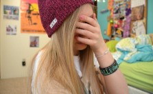 Blonde Hair, Red Beanie