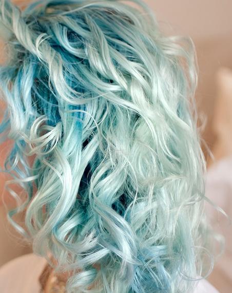beautiful long aqua light blue dyed curly hair