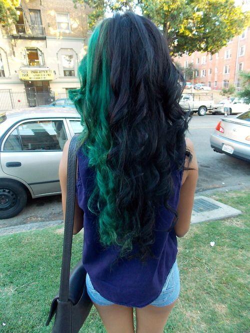 Green black hair. Different style